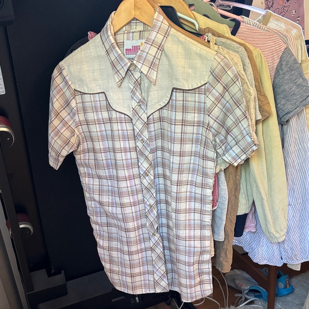 Midi Plaid Short-Sleeve Button-Down Shirt - Neutral Plaid